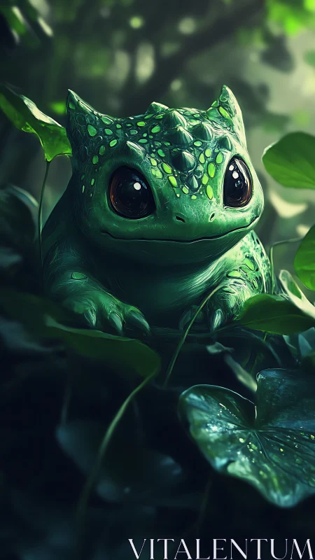 Green reptile creature resting on jungle leaves at dusk.