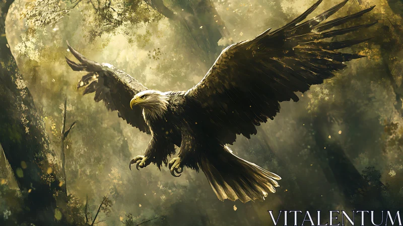 Majestic Bald Eagle in Flight Over Sunlit Forest, Digital Art.