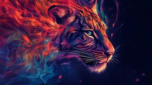 Tiger head rendered in vivid neon fractal flame lines