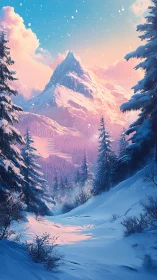Snowy mountain valley under pastel sunrise sky glow.