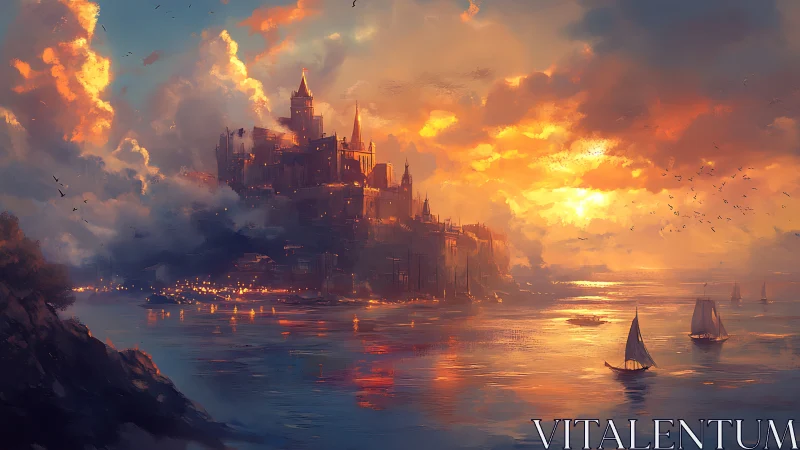 Coastal walled cityscape under dense sunset cloud cover.