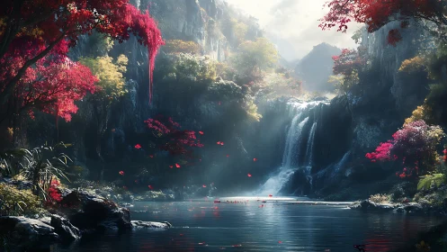 Crimson blossoms drift while a hidden waterfall hushes the valley