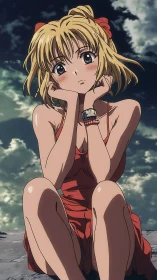 Pensive blonde anime girl in red dress under moody sky.