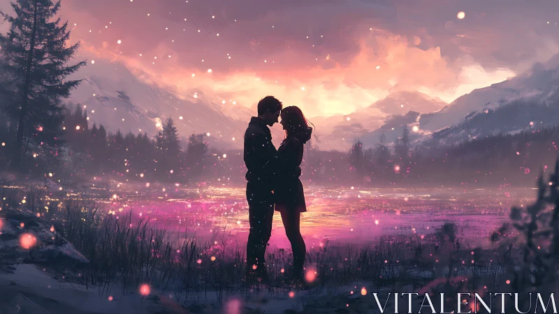 Silhouetted Couple Amid Luminescent Valley Landscape.