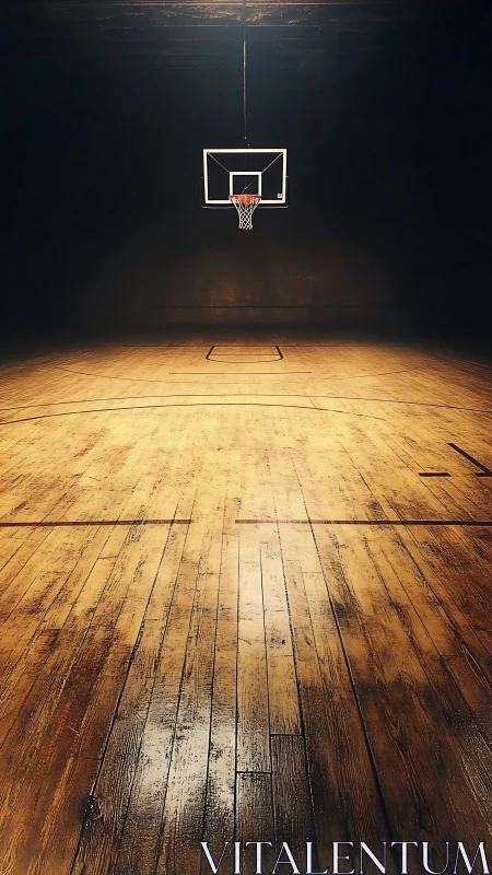Solitary hoop glows above a golden, story-worn hardwood court.