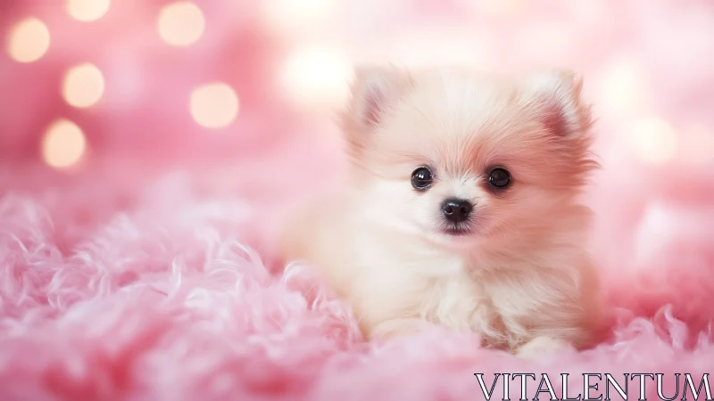 Fluffy cream Pomeranian puppy on pink bokeh fur backdrop.
