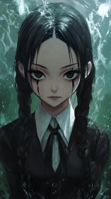 Moody braided girl portrait in emerald aquatic atmosphere.