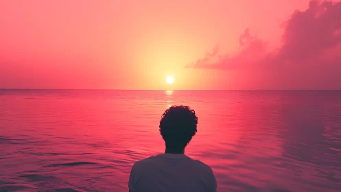 Backlit silhouette observing vivid magenta ocean sunset horizon