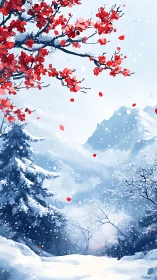 Scarlet blossoms contrast a tranquil alpine winter valley scene