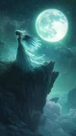 Moonlit winged maiden stands on a stormy celestial cliff.