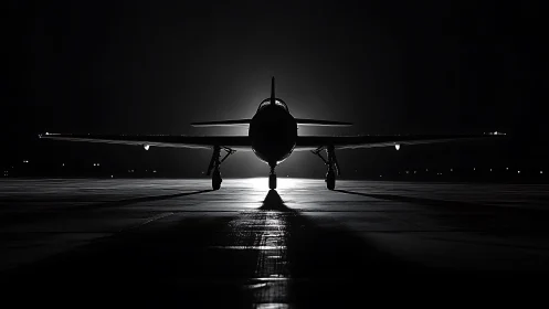 Midnight jet poised on a quiet, glimmering runway.