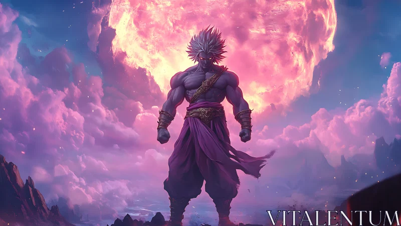 Celestial brawler crowned by a flaming cotton candy moon.