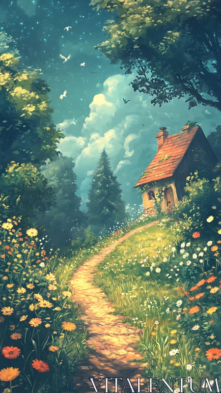 Forest path leading to small cottage under starry sky.