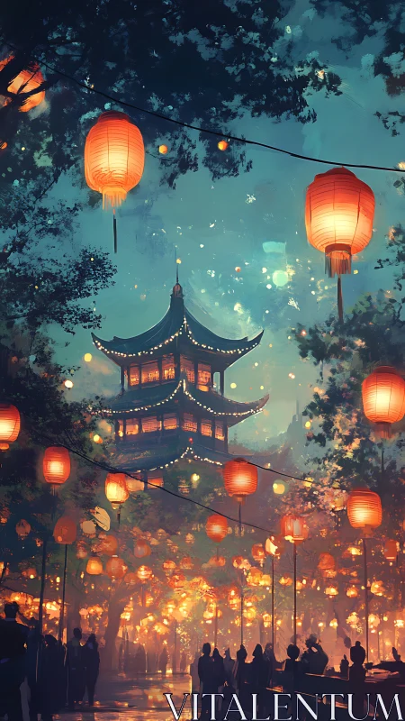 Digital painting of lantern-lit pagoda amid festival crowd at dusk.