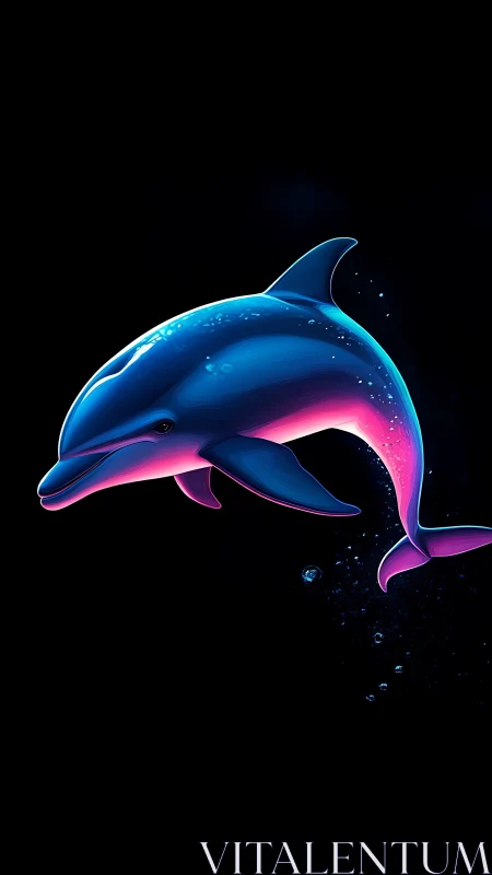 Playful neon dolphin gliding through a dreamy dark sea.