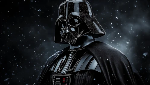 Dark armored figure stands in swirling galactic snowfall