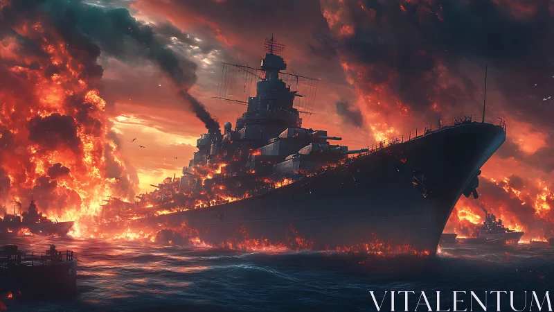 Naval Destruction in Inferno: Warship Engulfed by Catastrophic Fire.