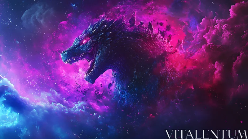 Cosmic reptilian silhouette within magenta nebula cloud field.