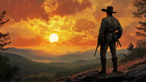 Lone cowboy observing vivid sunset over layered hills.