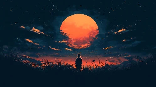 Silhouette figure under oversized orange moon at night sky.