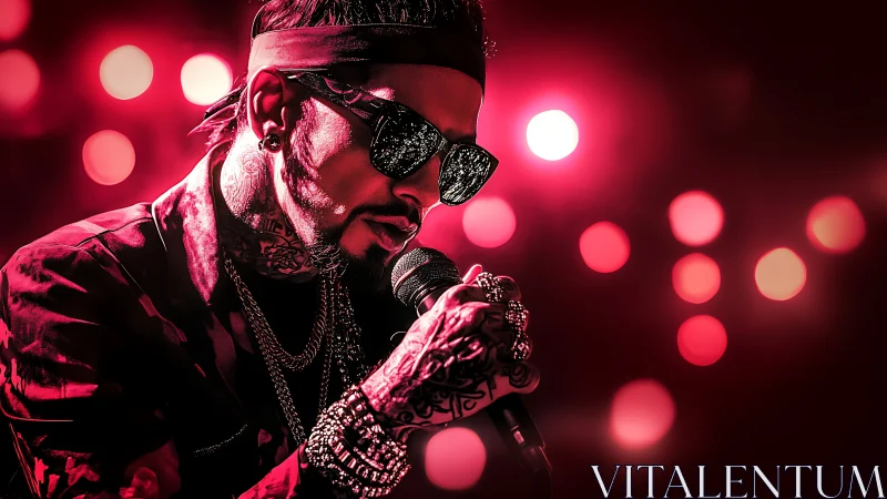 Tattooed vocalist in neon red concert spotlight portrait.