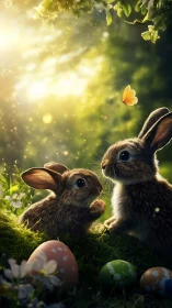 Baby rabbits share Easter eggs in glowing forest light