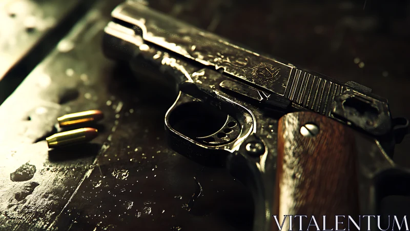 Detailed pistol close-up with wet metallic textures and wood grip.