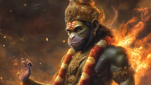 Photorealistic divine simian warrior in fiery ritual aura