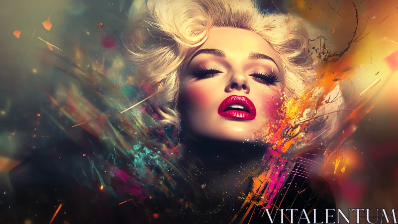 Glamorous blonde portrait in explosive neon paint burst.