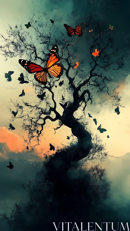 Butterfly storm rising from a twilight phantom tree.