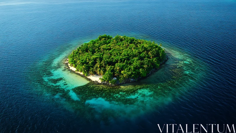 Tropical island surrounded by turquoise water and coral reef