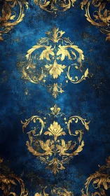Ornate gold baroque damask pattern on distressed cobalt ground