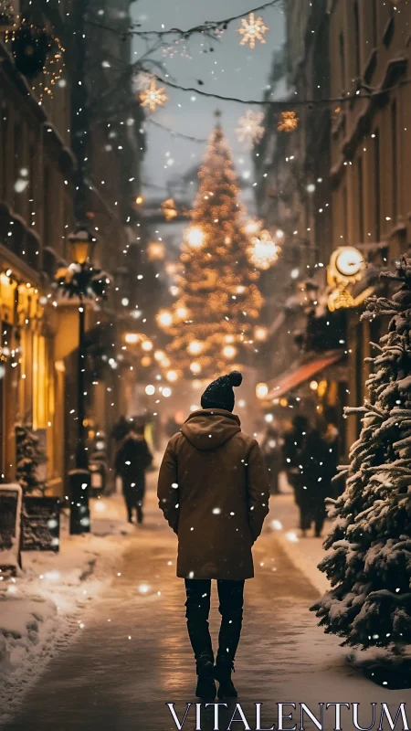 Solitary figure walks through glowing snowy Christmas street