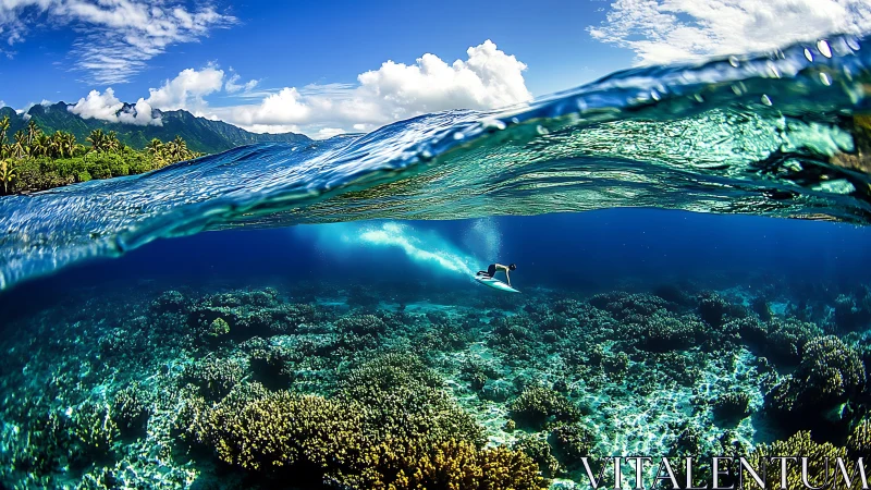 Surfer gliding underwater above tropical coral reef seascape.