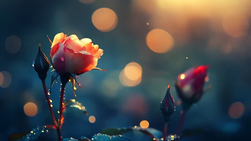Red Rose Blooming in Morning Light with Bokeh Background.