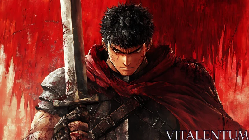 Battle-hardened swordsman stands before a blood-red storm.