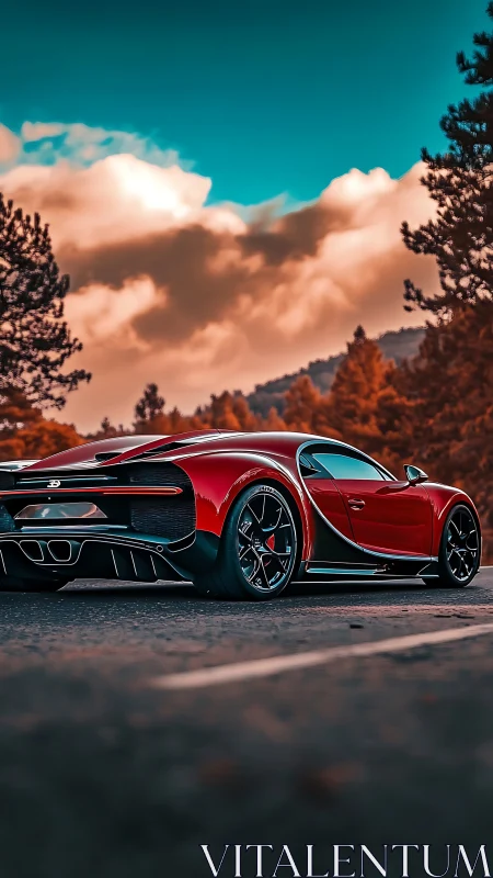 Crimson hypercar prowls autumn highway beneath turquoise sky