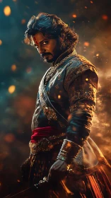 Fiery warrior stands strong in ornate armor and drifting embers