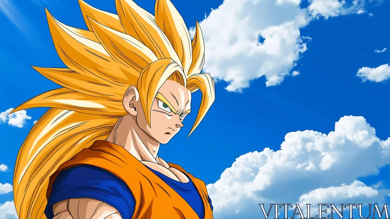 Skybound warrior crowned in blazing golden thunder hair.