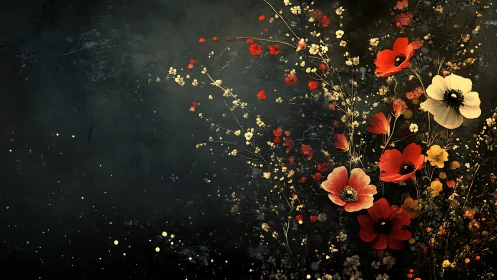 Red and Golden Blossoms Against Dark Textured Canvas.