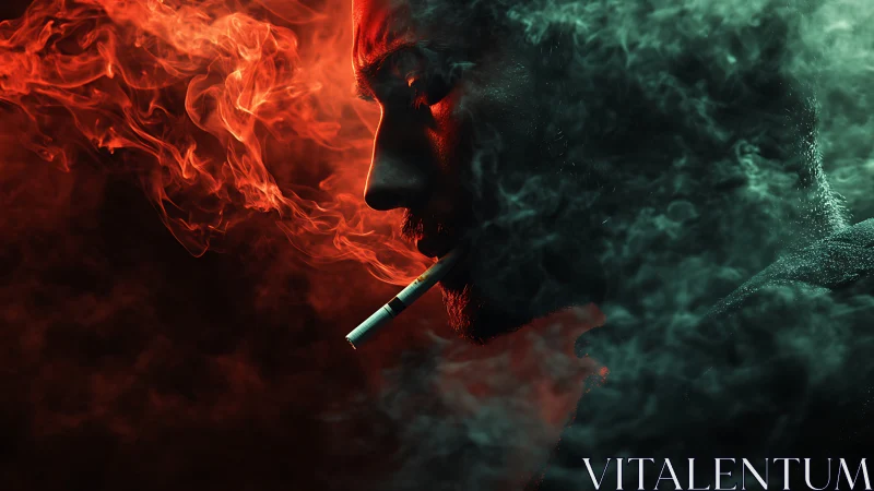 Side profile of smoker in dense red and green smoke cloud.