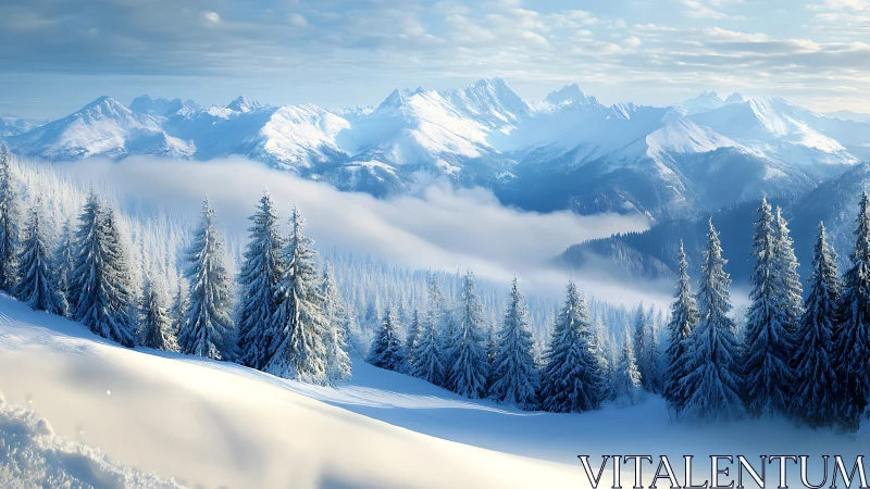 Snow-covered conifer forest extends below distant mountain range