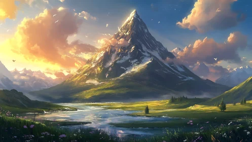 Glacial peak under volumetric sunset clouds, riverine valley panorama.