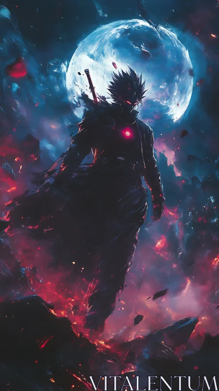 Lone cyber samurai silhouetted against luminous full moon.
