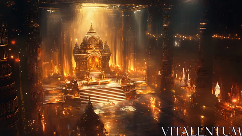 Golden temple throne hall glows under cascading divine light