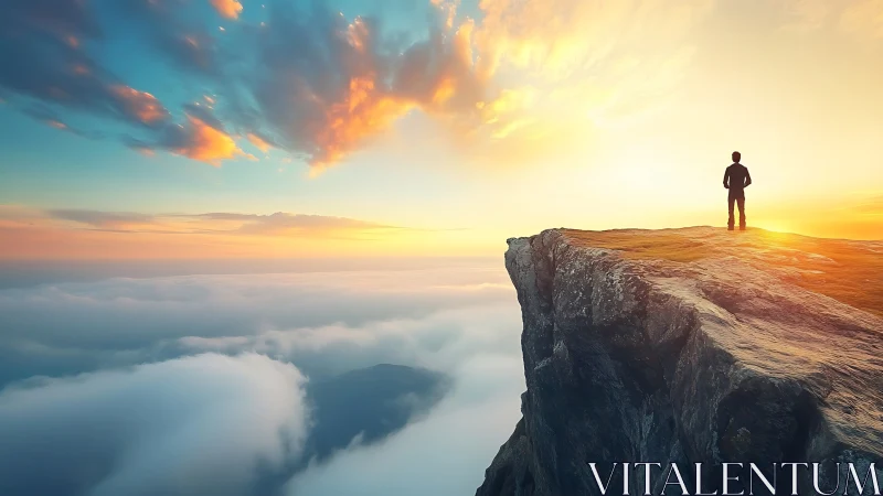 Solitary figure standing on high cliff above dense cloud layer.