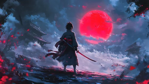 Lone samurai under blood red moon in stormy night sky.