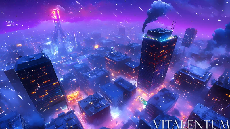Neon-lit cyberpunk skyline under dynamic snow and volumetric haze