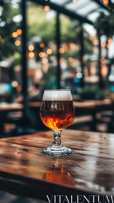 Amber ale throne glows softly in a bokeh-lit beer garden