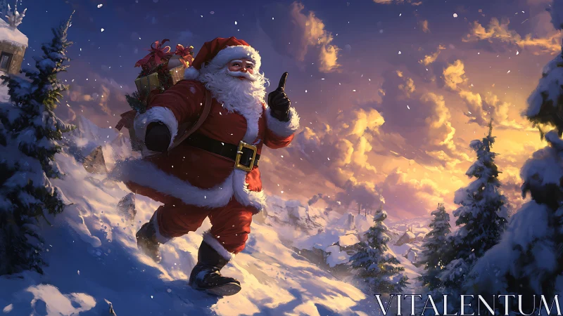 Santa strides through snowy hillside under glowing sunset sky